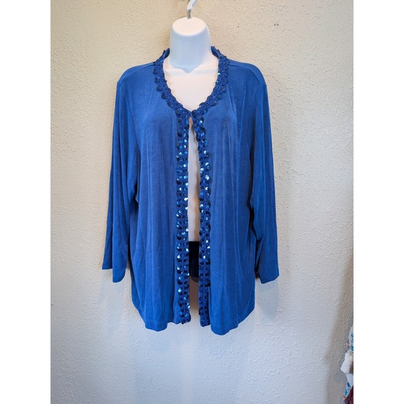 Slinky‎ Brand Sequin Trim Cardigan Open Front Shrug Jacket Blue 1X Artsy Mature - Picture 1 of 9